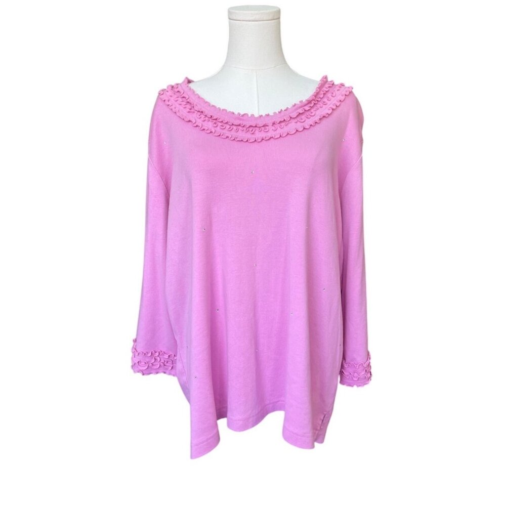 Quacker Factory Plus Size‎ Top 1X Embellished Ruffle Long Sleeves Oversized Pink